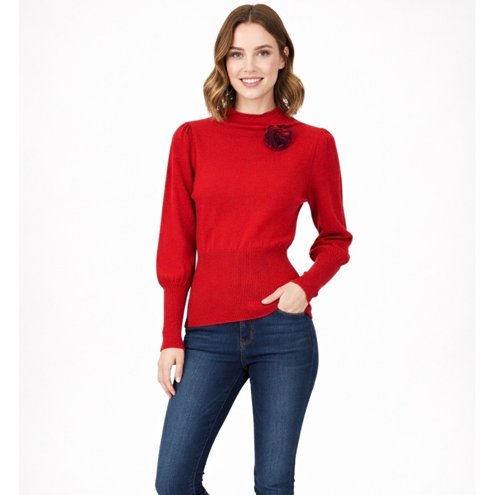 Anthropologie Moth Rosette Mock Neck Sweater Size S Red Wool Cashmere Blend